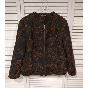 VTG Dana Buchman Women's Jacket Blazer L Brown Black Speck Full Zip Gold Pull